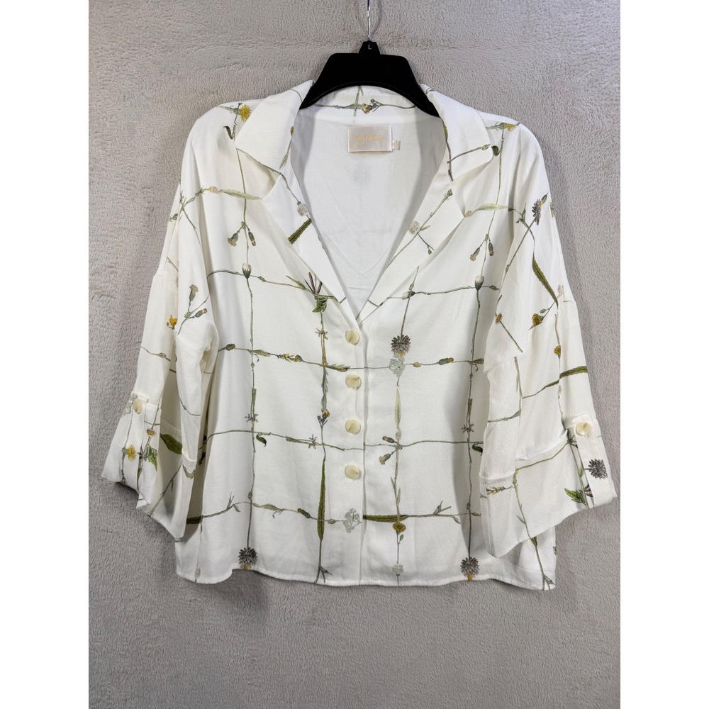 Sancia‎ Button Front Blouse Womens S White Botanical Wildflower Grid Print Top